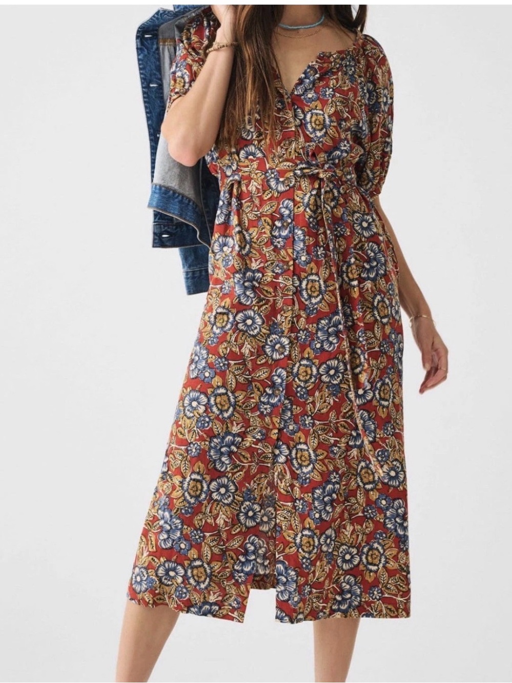 Faherty Women's Carmel Linen Dress Red Desert Bloom Size Small Coastal Summer